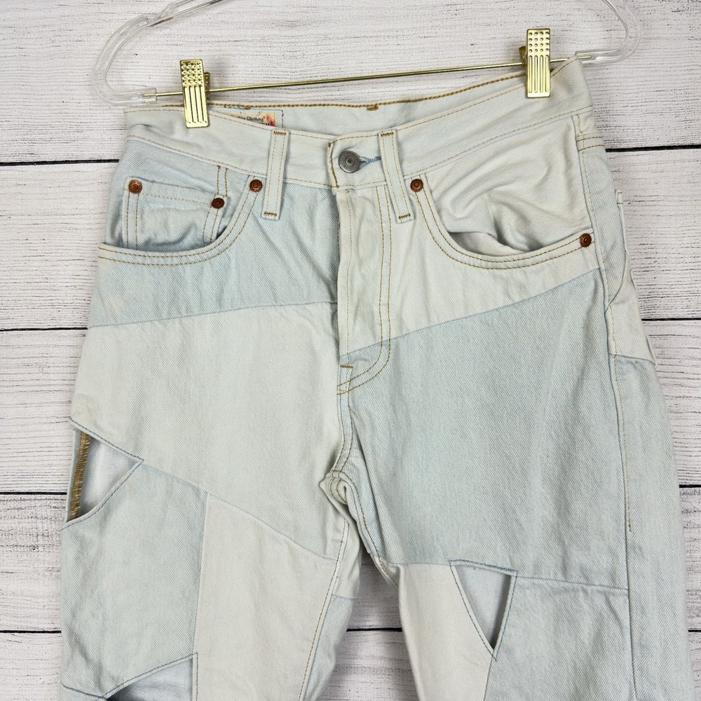 Levi's 501 "Big E" Crop Light Jeans Patchwork Denim Scatter Triangle Holes Sz 26 - Picture 2 of 11